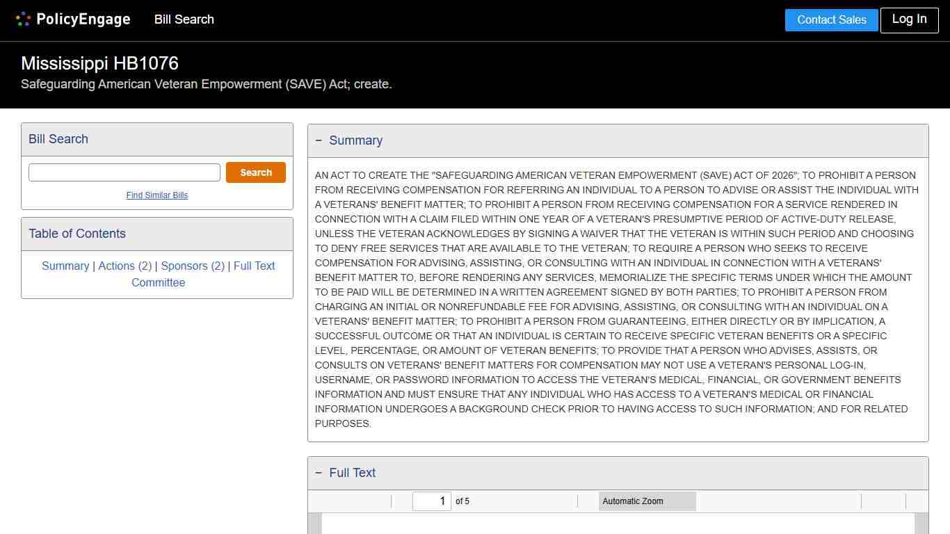 HB1076 Mississippi 2026 Safeguarding American Veteran Empowerment (SAVE) Act; create. - Legislative Tracking PolicyEngage